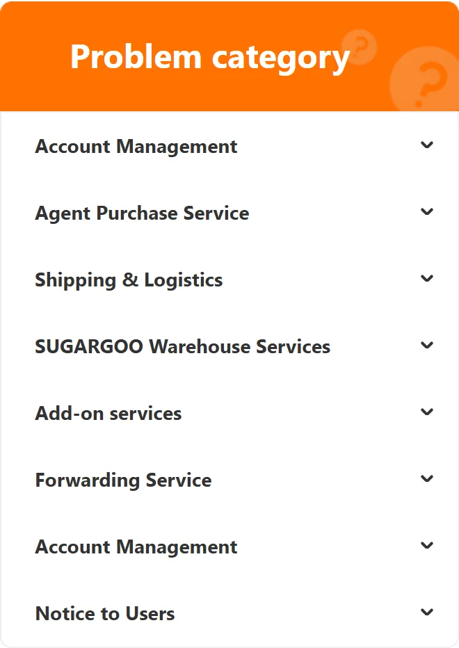 Sugargoo help centre menu separating account, purchasing, shipping, warehouse and forwarding topics
