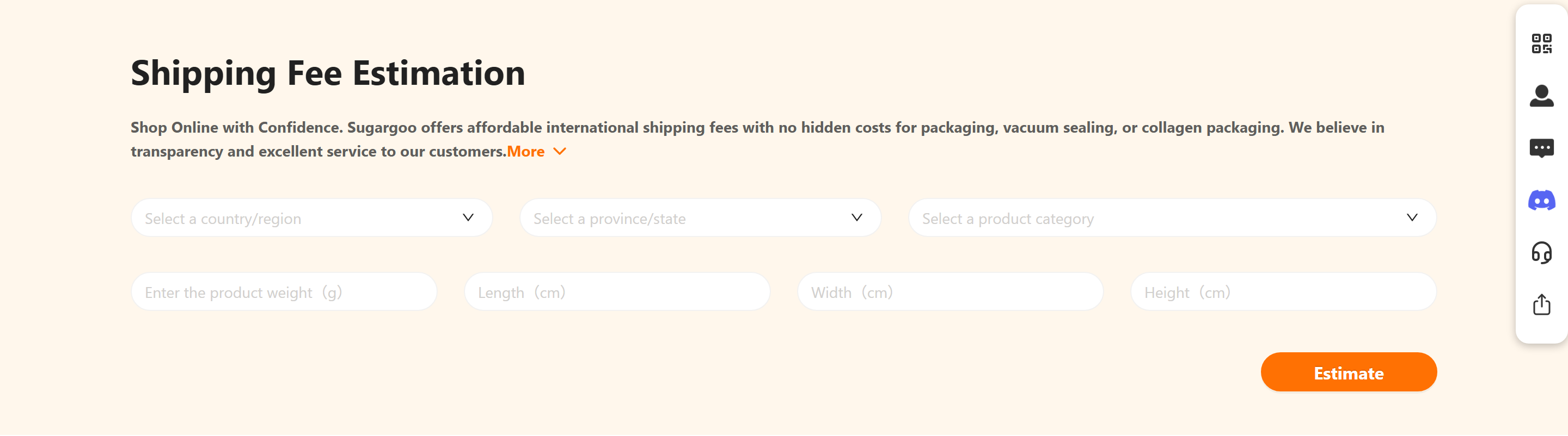 Sugargoo shipping estimator: destination, product category, weight, length, width and height