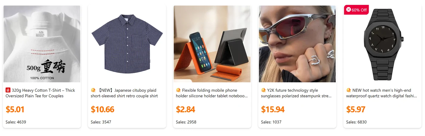 Five Sugargoo product cards showing product photos, short titles, prices and sales counts