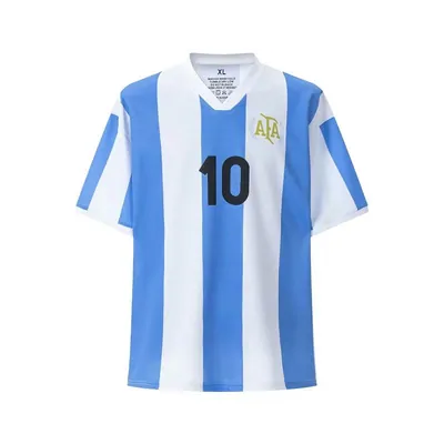 A blue and white striped football shirt with the number 10 on the front