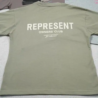 A sage green T-shirt laid flat, with a two line slogan printed across the chest