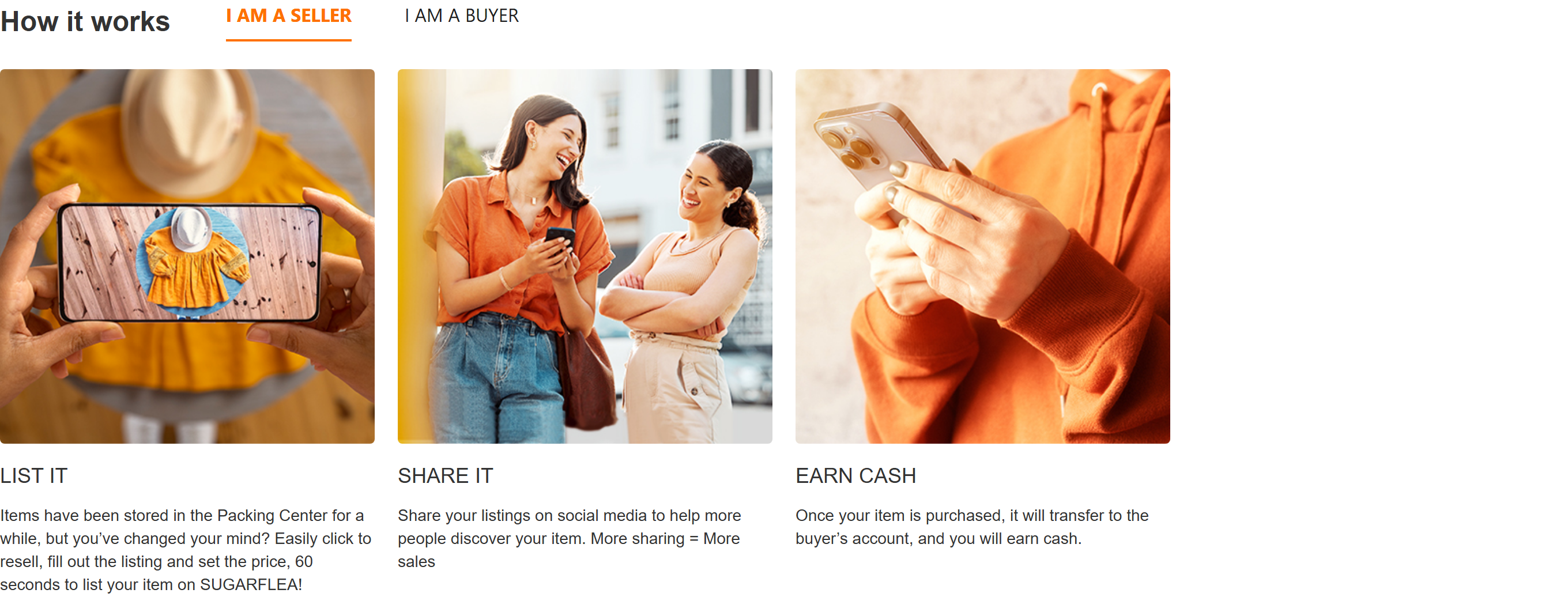 SUGARFLEA seller steps: List It, Share It and Earn Cash after a purchase